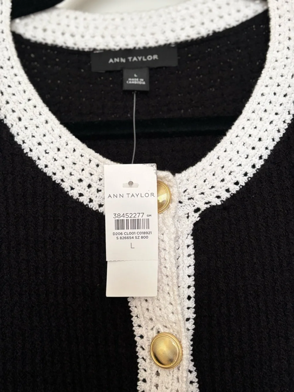 Ann Taylor Colorblock Sweater Jacket NWT| Black Cream Trim|Gold Buttons | Size L - Picture 4 of 5